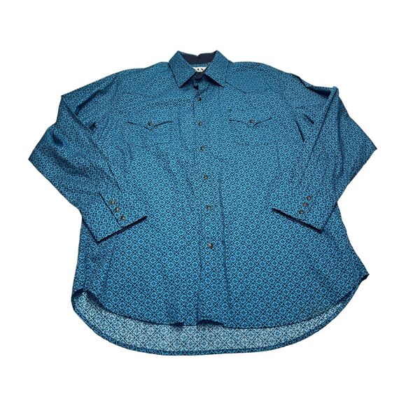 Ely Cattleman Western Shirt Mens XL Blue Geometric Long Sleeve Pockets Snap - Picture 1 of 6
